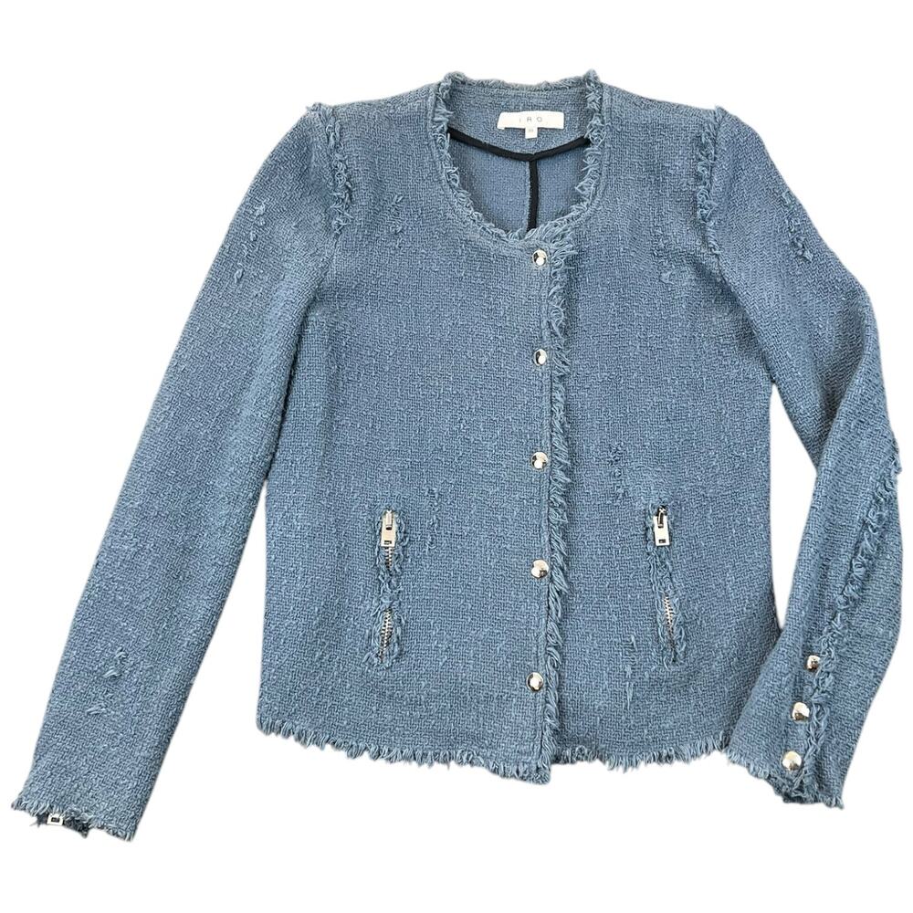 IRO Agnette Tweed Jacket Stone Blue Frayed Distressed Gold Hardware FR 38 US 4